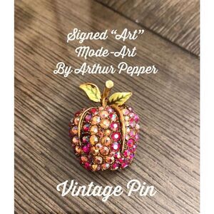 Vintage ART MODE Arthur Pepper Jeweled Apple Brooch *SIGNED* Aurora Borealis